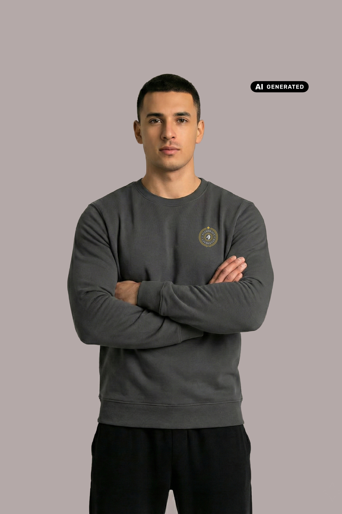 Ein Mann trägt einen dunkelgrauen Pullover mit Rundhalsausschnitt und einem kreisförmigen, gelb-grauen „STANDHAFT“-Logo samt kleiner Krone auf der linken Brust.