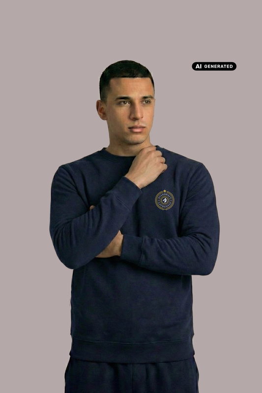 Ein Mann trägt einen dunkelblauen Pullover mit Rundhalsausschnitt und einem kreisförmigen, gelb-blauen „STANDHAFT“-Logo samt kleiner Krone auf der linken Brust.