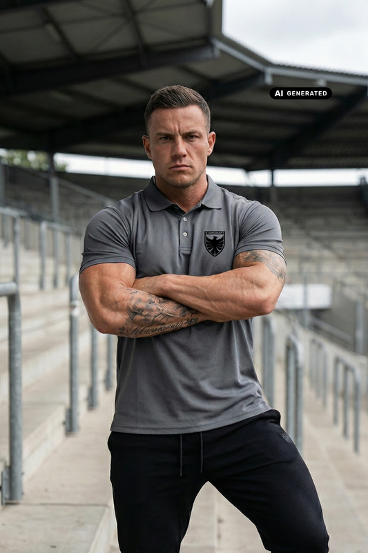 Ein Mann mit verschränkten Armen auf einer Stadiontribüne trägt ein graues Poloshirt mit einem schwarzen Wappen-Logo samt Adlergrafik und „STANDHAFT“-Schriftzug auf der linken Brust.
