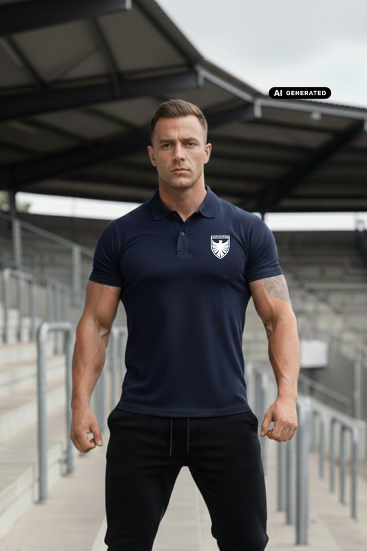 Ein Mann auf einer Stadiontribüne trägt ein dunkelblaues Poloshirt mit einem weißen Wappen-Logo samt Adlergrafik und „STANDHAFT“-Schriftzug auf der linken Brust.