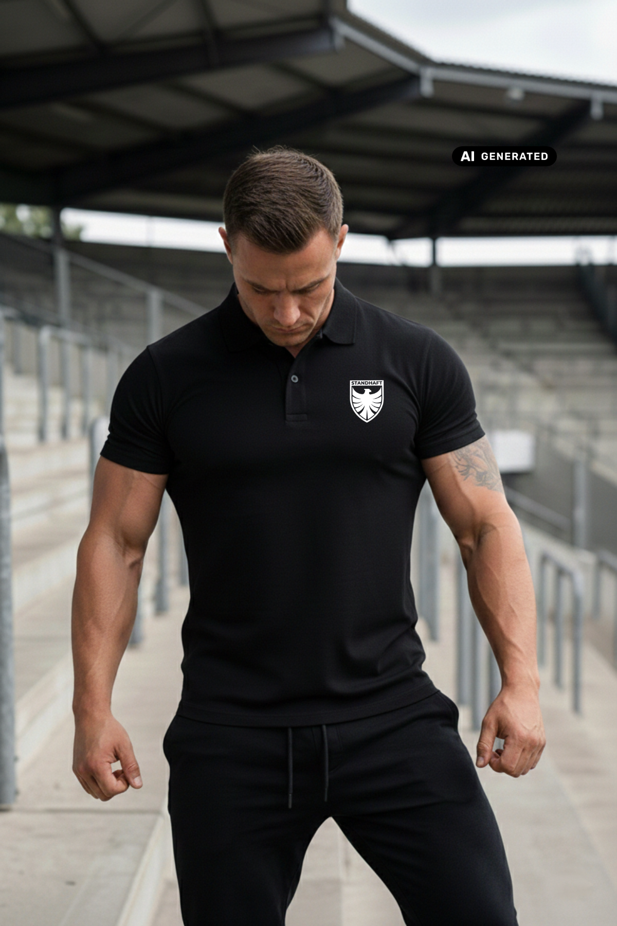 Ein Mann mit gesenktem Blick auf einer Stadiontribüne trägt ein schwarzes Poloshirt mit einem weißen Wappen-Logo samt Adlergrafik und „STANDHAFT“-Schriftzug auf der linken Brust.
