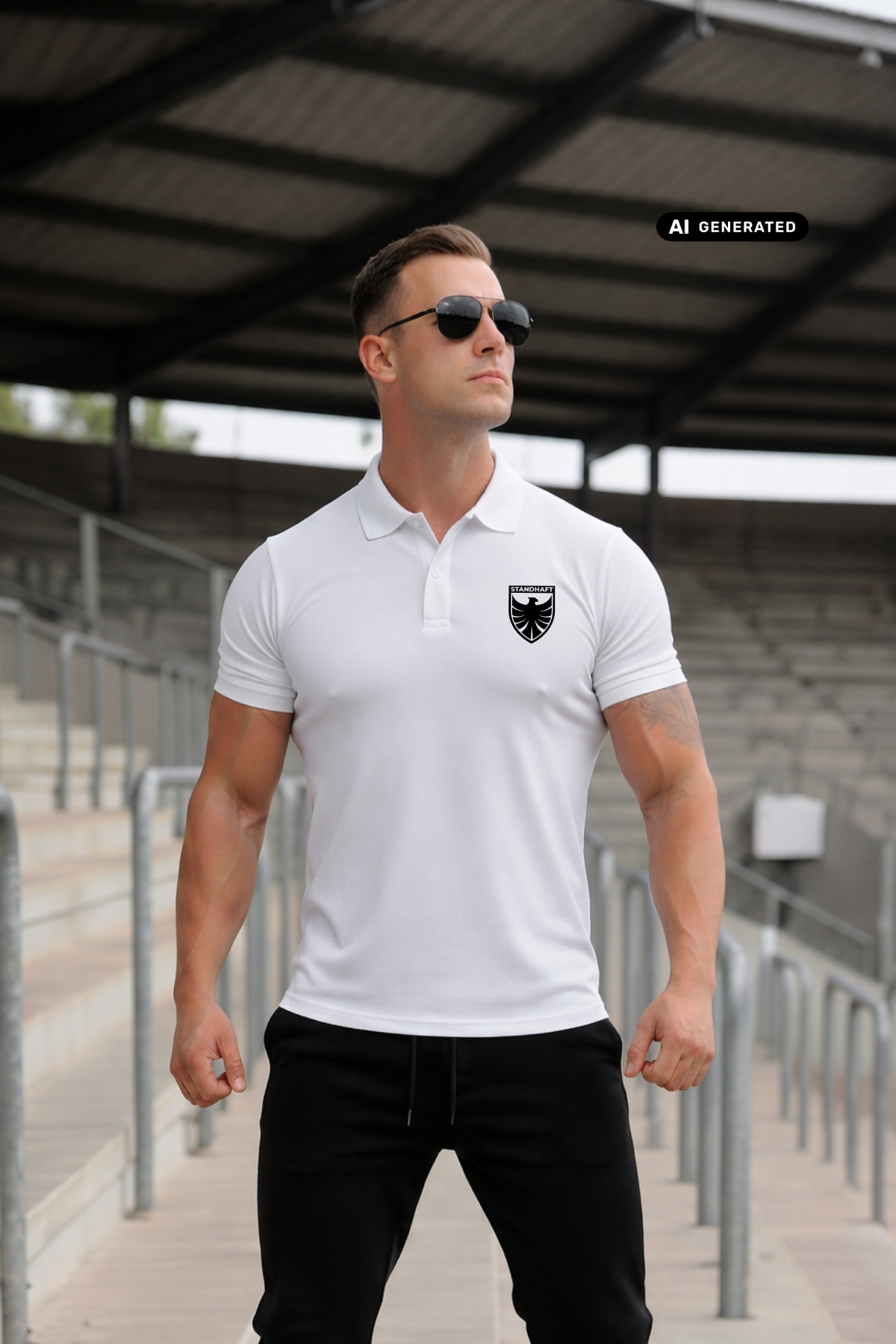 Ein Mann mit Sonnenbrille auf einer Stadiontribüne trägt ein weißes Poloshirt mit einem schwarzen Wappen-Logo samt Adlergrafik und „STANDHAFT“-Schriftzug auf der linken Brust.