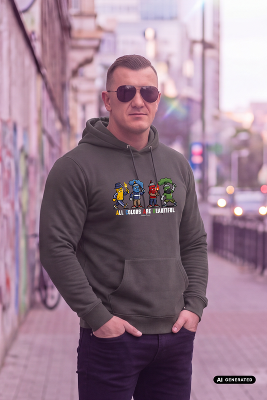Mann mit Sonnenbrille trägt einen grauen Hoodie mit „All Colors Are Beautiful“-Grafikprint in urbaner Umgebung.