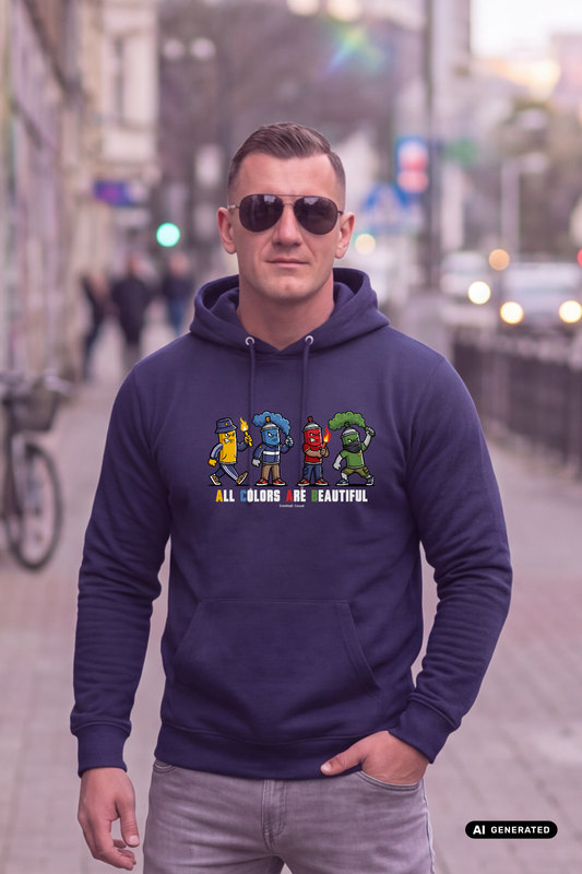 Mann mit Sonnenbrille trägt dunkelblauen Hoodie mit „All Colors Are Beautiful“-Grafikprint in urbaner Umgebung.
