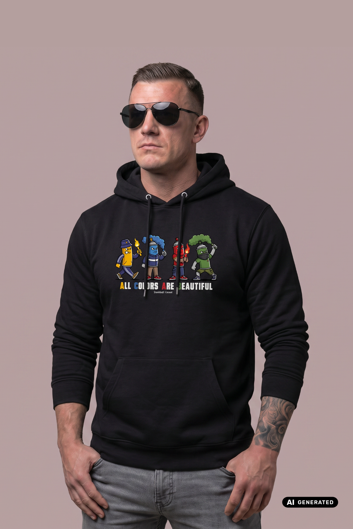 Mann mit Sonnenbrille trägt schwarzen Hoodie mit „All Colors Are Beautiful“-Grafikprint vor grauem Hintergrund.