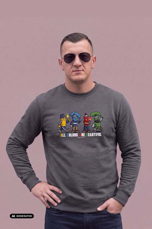 Mann mit Sonnenbrille trägt grauen Sweatshirt-Pullover mit „All Colors Are Beautiful“-Grafikprint vor beigem Hintergrund.
