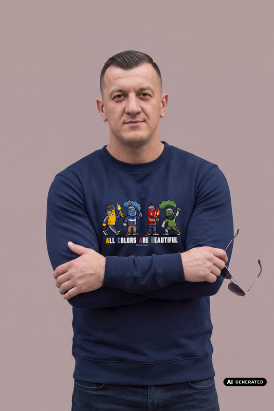 Mann mit verschränkten Armen trägt dunkelblauen Sweatshirt-Pullover mit „All Colors Are Beautiful“-Print vor grauem Hintergrund.