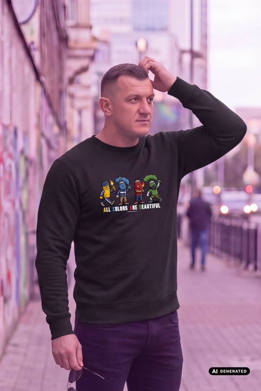 Mann greift sich an den Kopf und trägt schwarzen Pullover mit „All Colors Are Beautiful“-Grafikprint in der Stadt. 