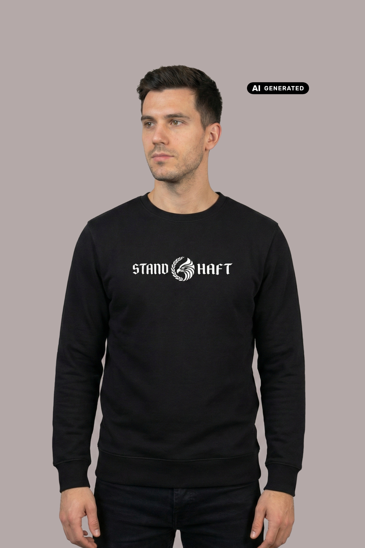 Mann in schwarzem Pullover mit weißem Aufdruck „STAND HAFT“ und Adler-Logo blickt seitlich vor grauem Hintergrund. AI-generated.
