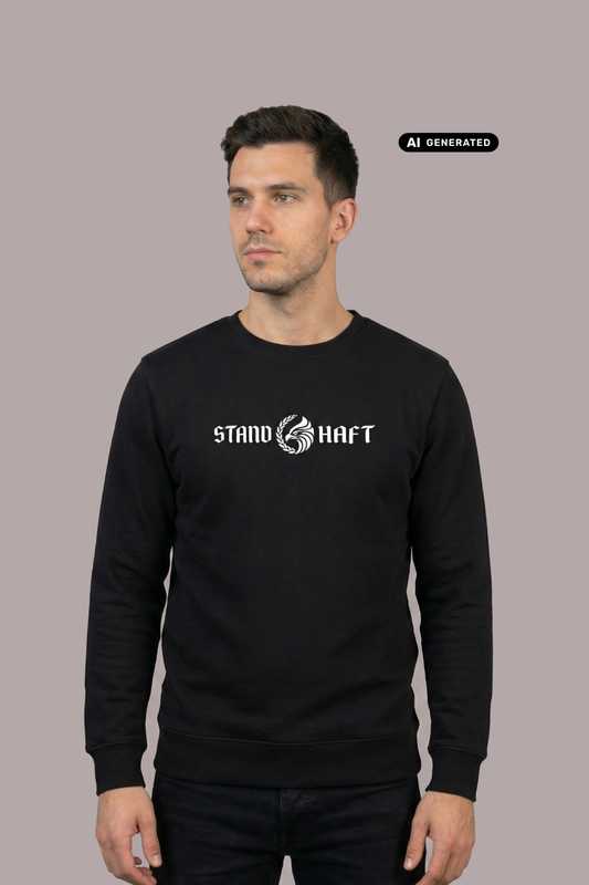 Mann in schwarzem Pullover mit weißem Aufdruck „STAND HAFT“ und Adler-Logo blickt seitlich vor grauem Hintergrund. AI-generated.