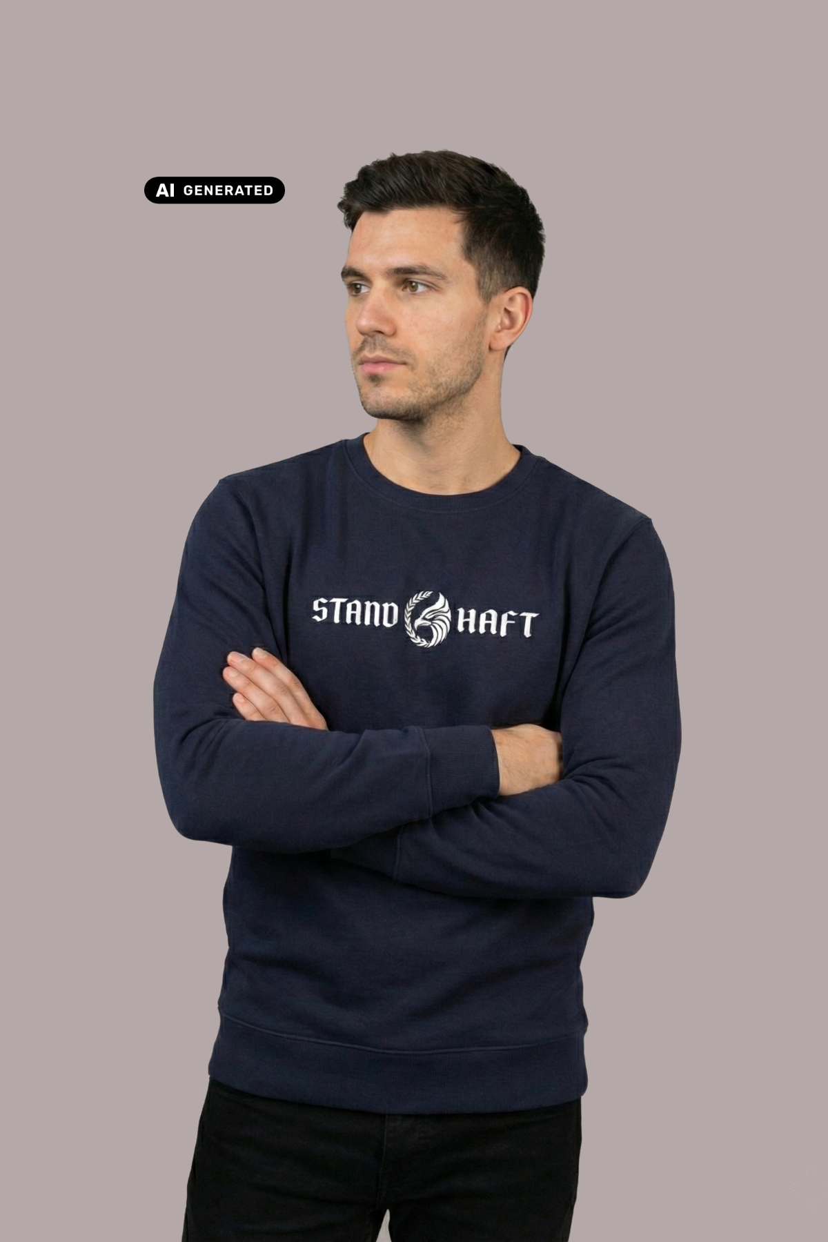Mann in dunkelblauen Nayyblue Pullover mit weißem Aufdruck „STAND HAFT“ und Adler-Logo. AI-generated