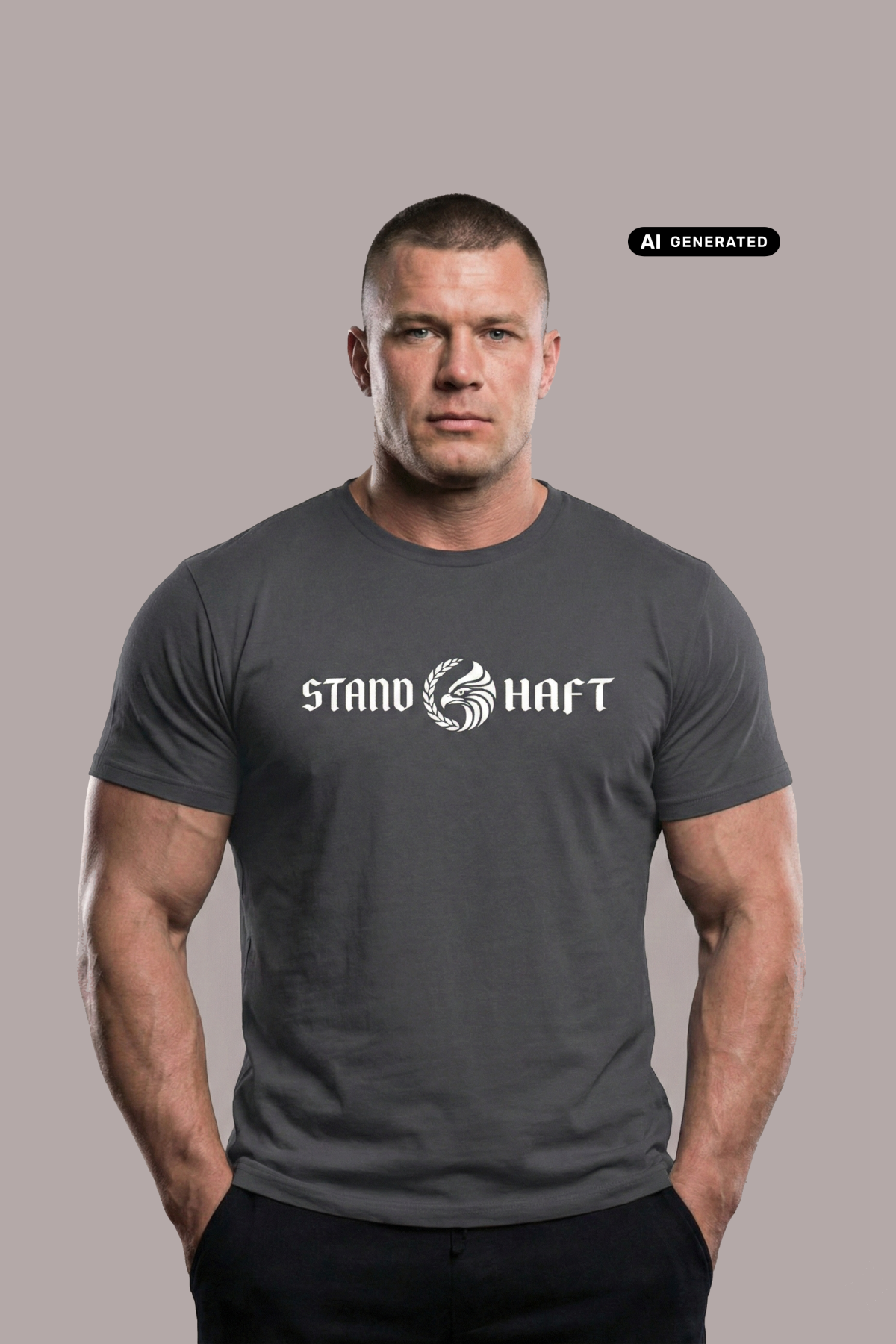 Mann in grauem T-Shirt mit weißem Aufdruck „STAND HAFT“ und Adler-Logo blickt ernst vor grauem Hintergrund. AI-generated.