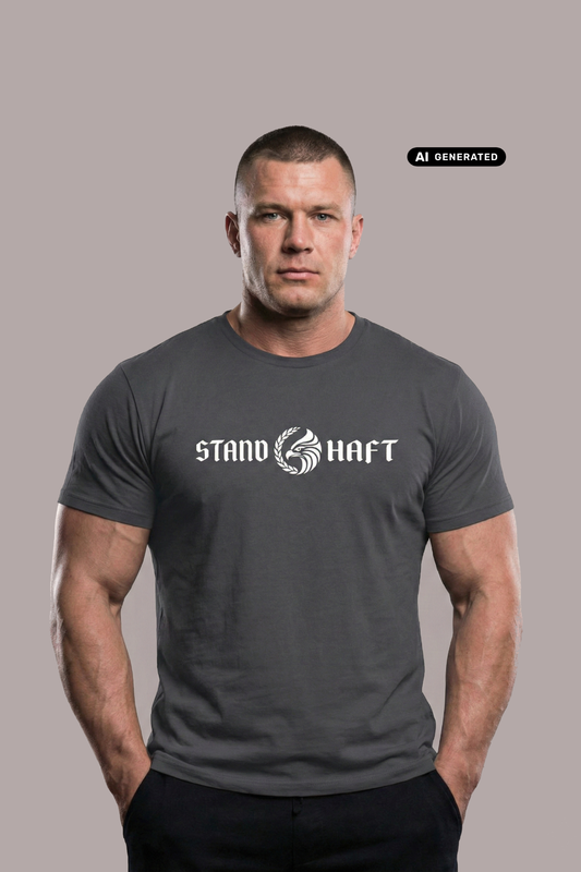 Mann in grauem T-Shirt mit weißem Aufdruck „STAND HAFT“ und Adler-Logo blickt ernst vor grauem Hintergrund. AI-generated.