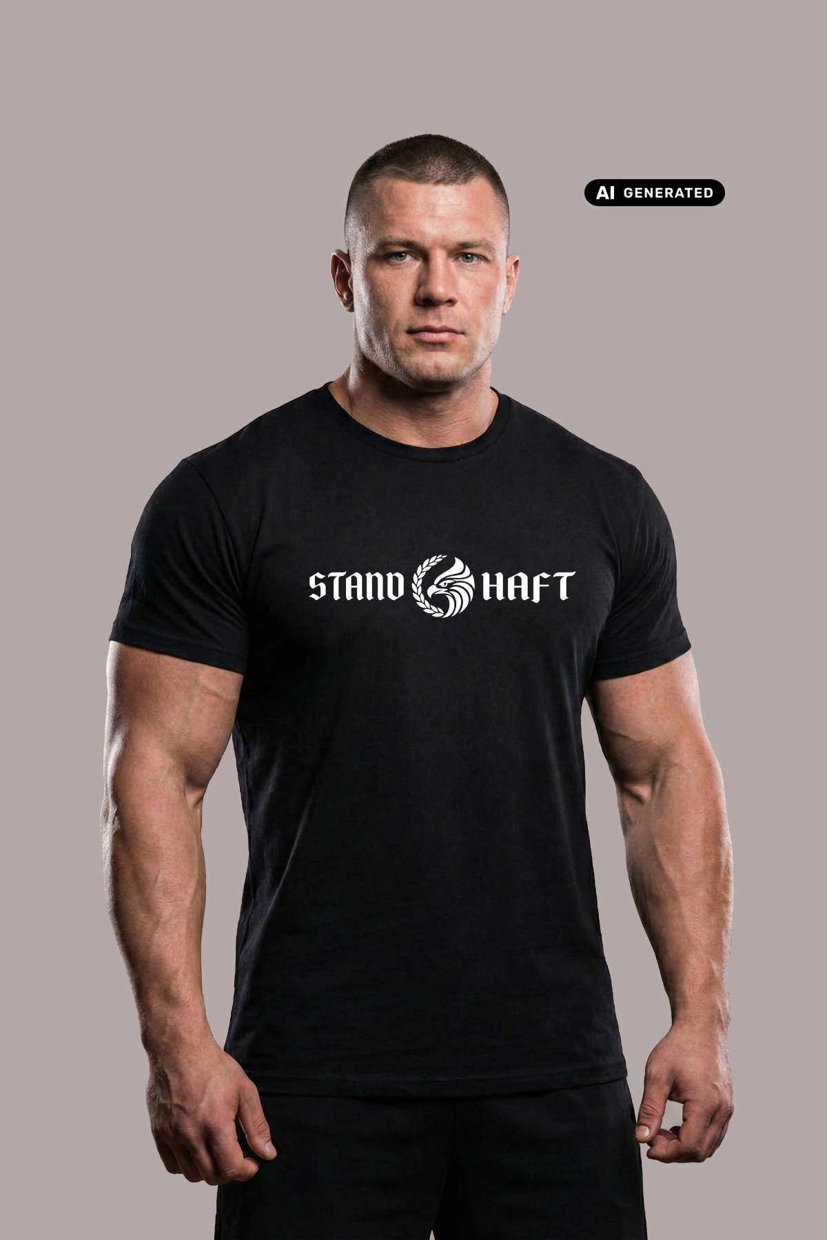 Mann in schwarzem T-Shirt mit weißem Aufdruck „STAND HAFT“ und Adler-Logo blickt ernst vor grauem Hintergrund. AI-generated.