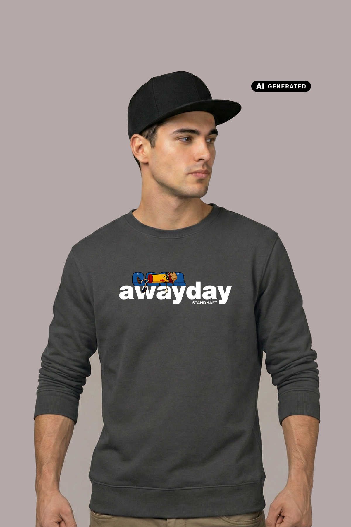 Ein junger Mann mit schwarzer Cap trägt einen dunkelgrauen Pullover mit dem weißen Aufdruck „awayday standhaft“. Er blickt mit ernstem Gesicht seitlich weg.