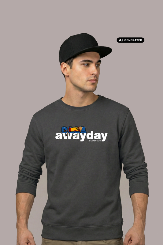 Ein junger Mann mit schwarzer Cap trägt einen dunkelgrauen Pullover mit dem weißen Aufdruck „awayday standhaft“. Er blickt mit ernstem Gesicht seitlich weg.
