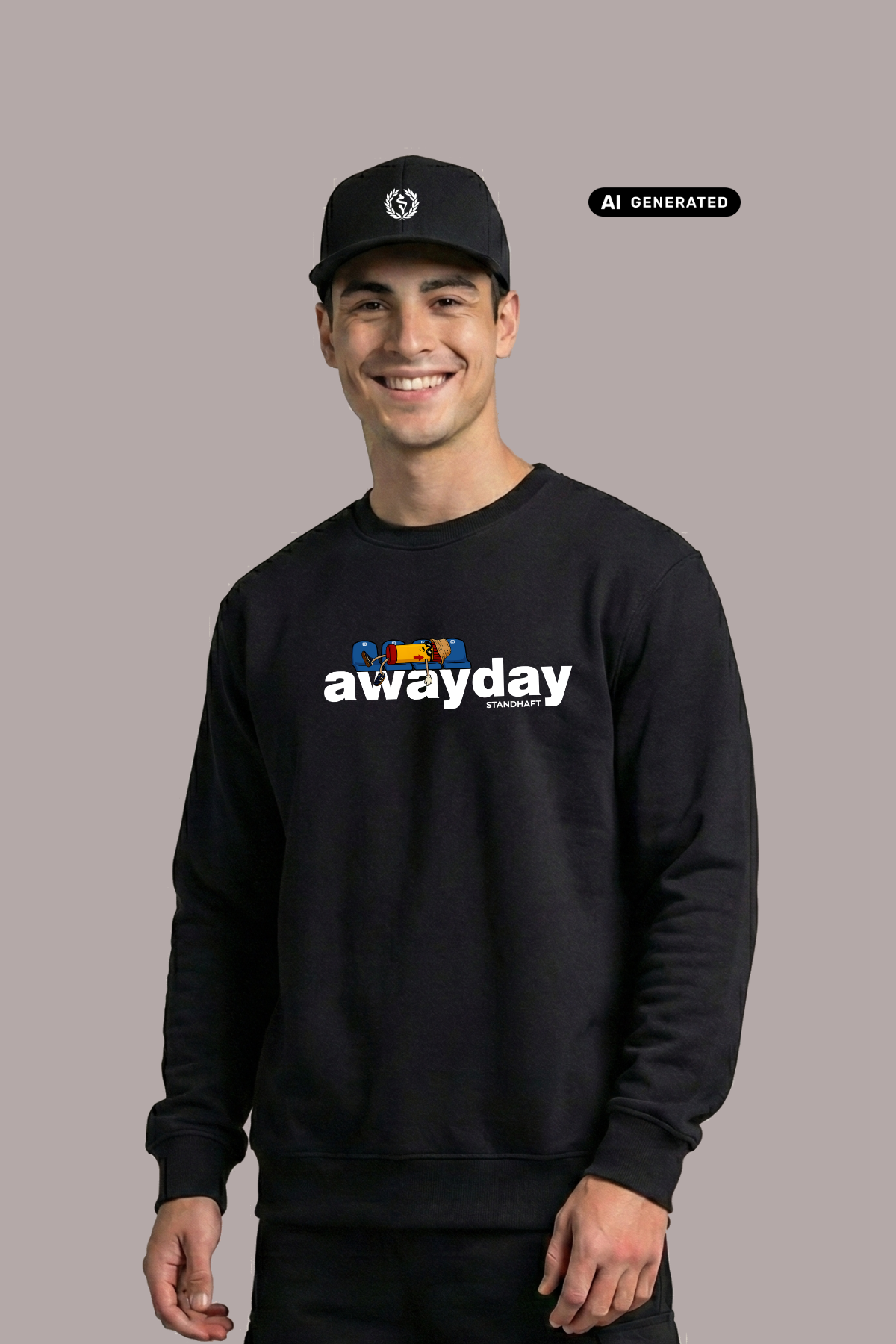 Ein lächelnder Mann mit schwarzer Logo-Cap trägt einen schwarzen Pullover mit weißem „awayday standhaft“-Aufdruck vor einem schlichten, grauen Hintergrund.