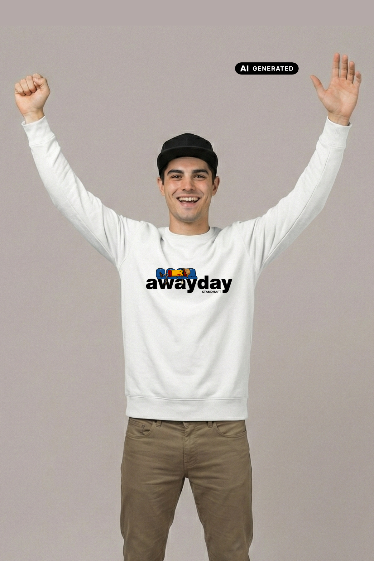 Ein lächelnder Mann mit schwarzer Cap trägt einen weißen Pullover mit dem bunten Text-Aufdruck „awayday standhaft“. Er hebt jubelnd beide Arme. AI Generiert.