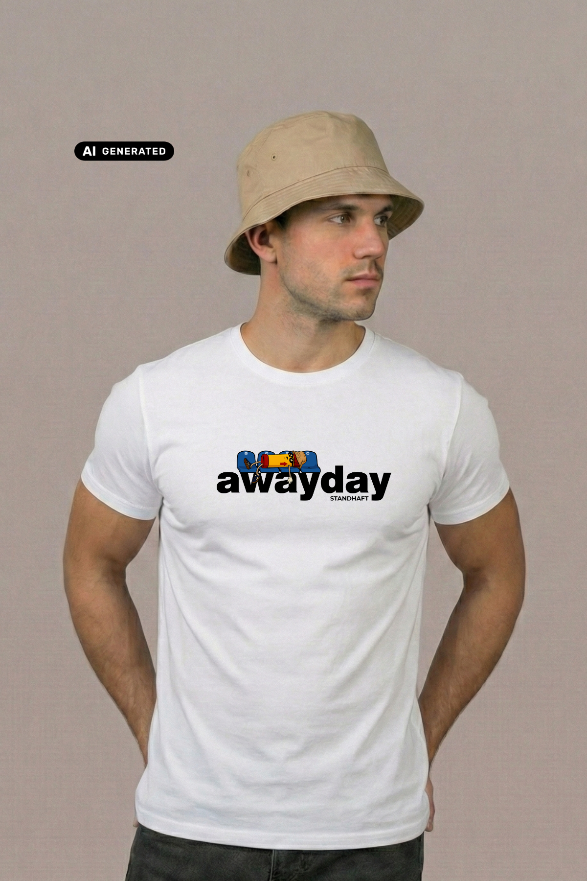 Ein Mann mit beigem Anglerhut trägt ein weißes T-Shirt mit dem schwarzen Schriftzug „awayday“ auf der Brust.