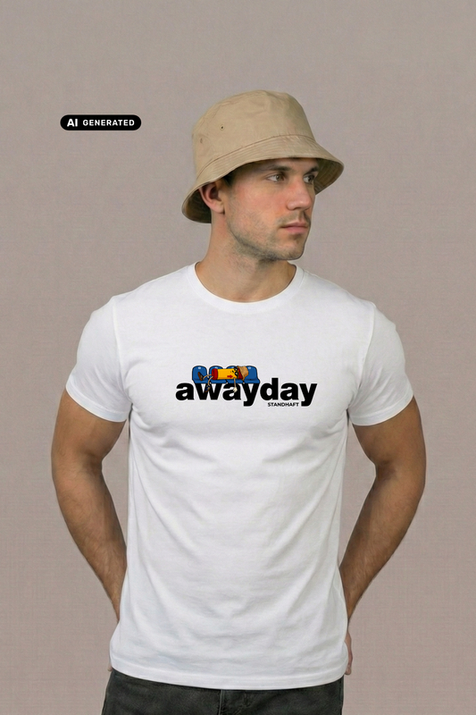 Ein Mann mit beigem Anglerhut trägt ein weißes T-Shirt mit dem schwarzen Schriftzug „awayday“ auf der Brust.