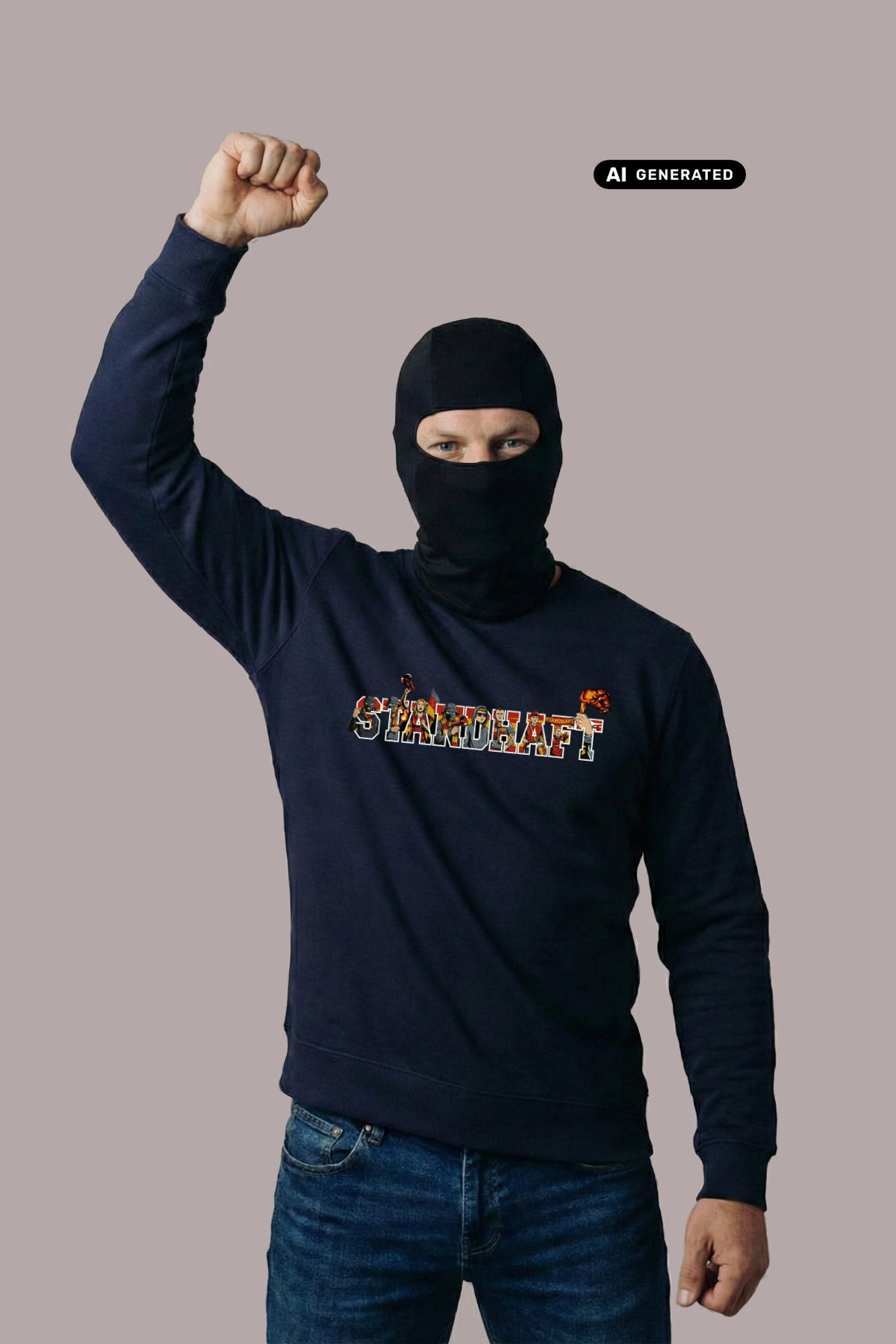 Mann mit Sturmhaube reckt die Faust; dunkelblauer Pullover mit „STANDHAFT“-Schriftzug samt Fankurven-Grafik.