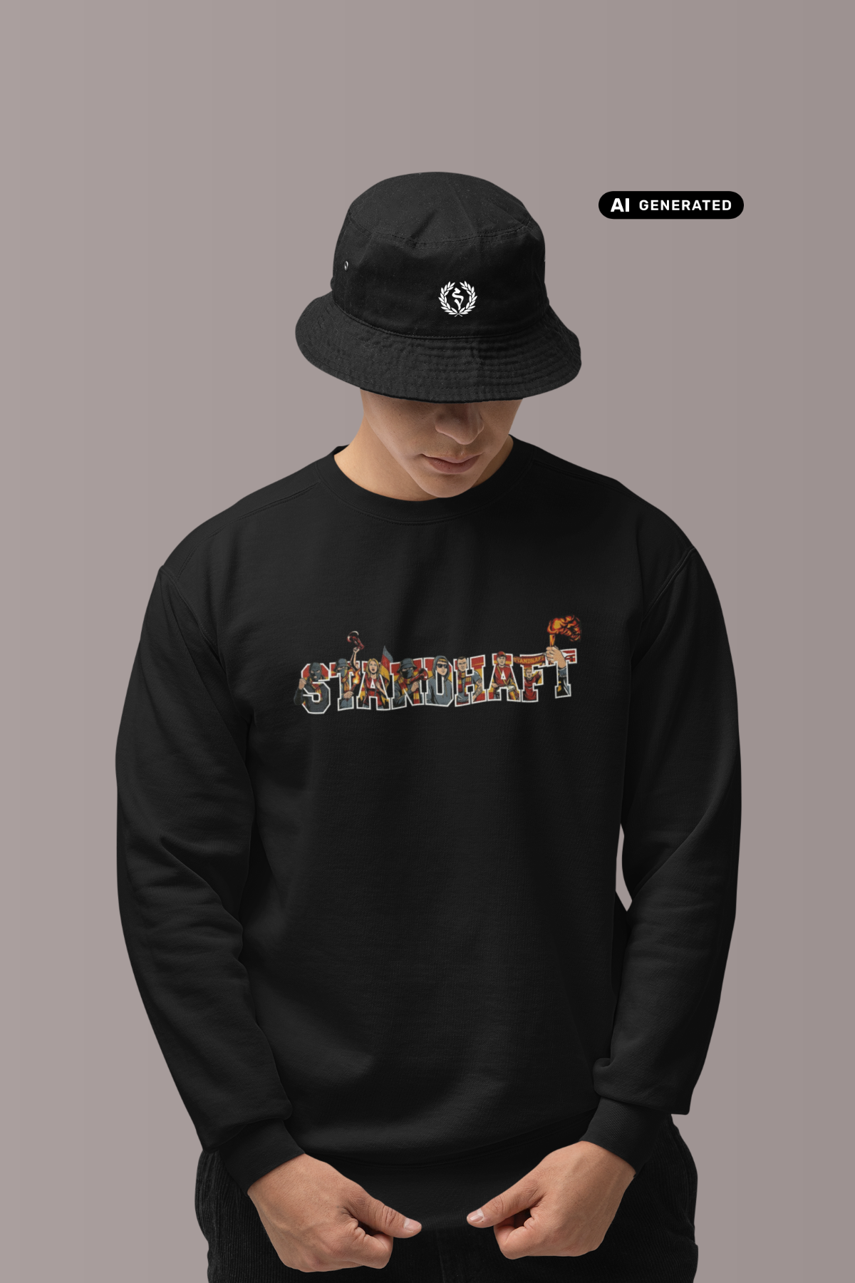 Mann mit schwarzem Anglerhut trägt einen schwarzen Pullover mit „STANDHAFT“-Schriftzug samt Fankurven-Illustration.