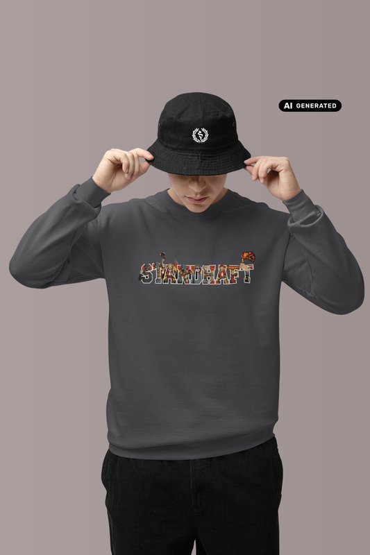 Mann in grauem Pullover; das Wort „STANDHAFT“ zeigt im Inneren eine bunte Fankurven-Grafik mit Rauch und Fahnen.