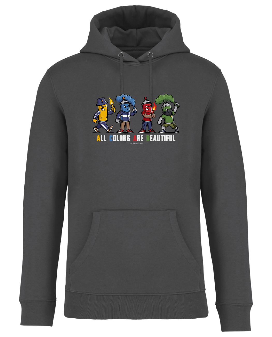 Grauer Hoodie als Produktfreisteller mit buntem „All Colors Are Beautiful“-Grafikprint auf der Brust. 
