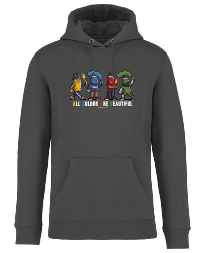Grauer Hoodie als Produktfreisteller mit buntem „All Colors Are Beautiful“-Grafikprint auf der Brust. 