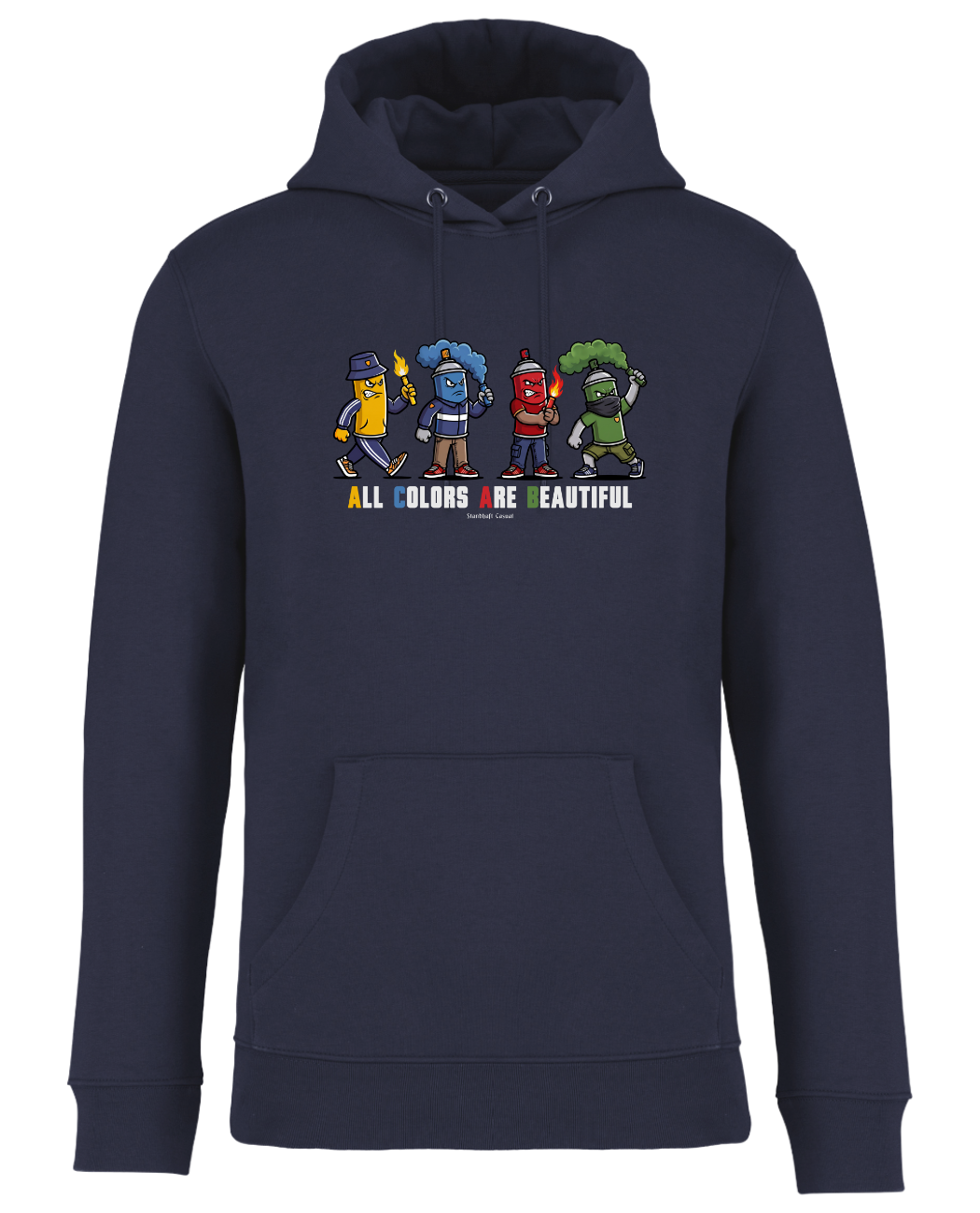 Dunkelblauer Hoodie als Produktfreisteller mit buntem „All Colors Are Beautiful“-Grafikprint auf der Brust