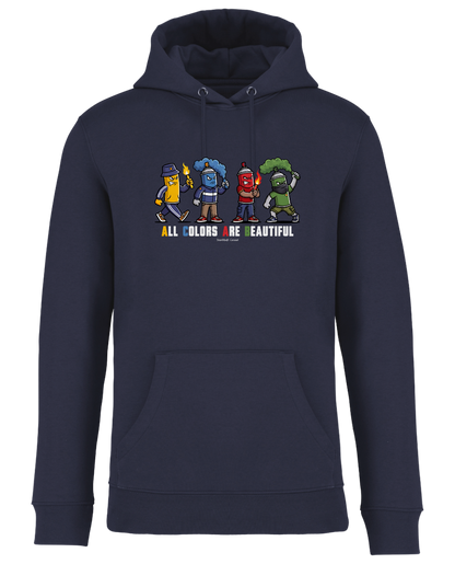 Dunkelblauer Hoodie als Produktfreisteller mit buntem „All Colors Are Beautiful“-Grafikprint auf der Brust