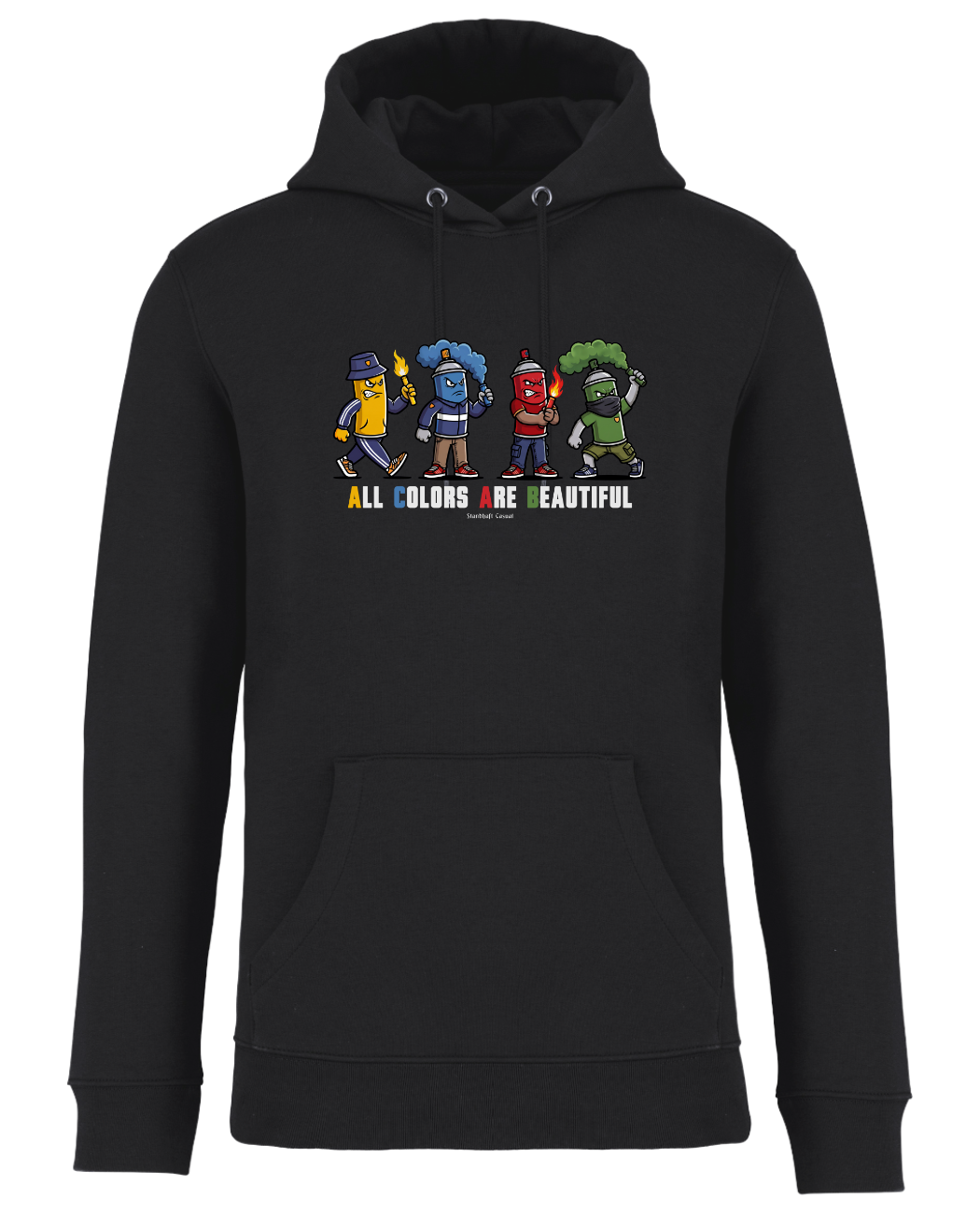 Schwarzer Hoodie als Produktfreisteller mit buntem „All Colors Are Beautiful“-Grafikprint auf der Brust. 
