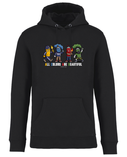 Schwarzer Hoodie als Produktfreisteller mit buntem „All Colors Are Beautiful“-Grafikprint auf der Brust. 