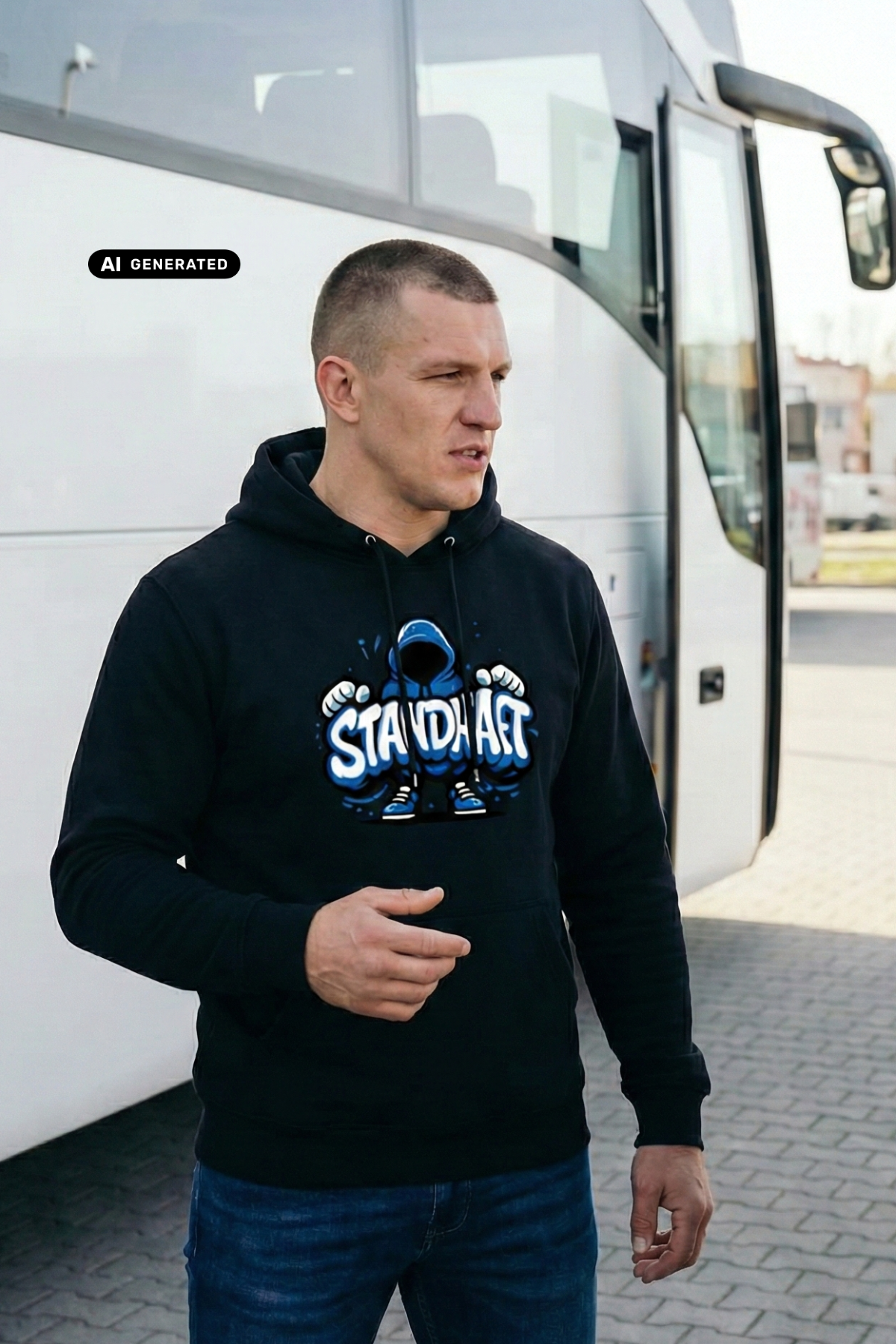 Ein Mann trägt einen schwarzen Hoodie mit einem blauen Comic-Grafik-Print und dem Schriftzug „STANDHAFT“.