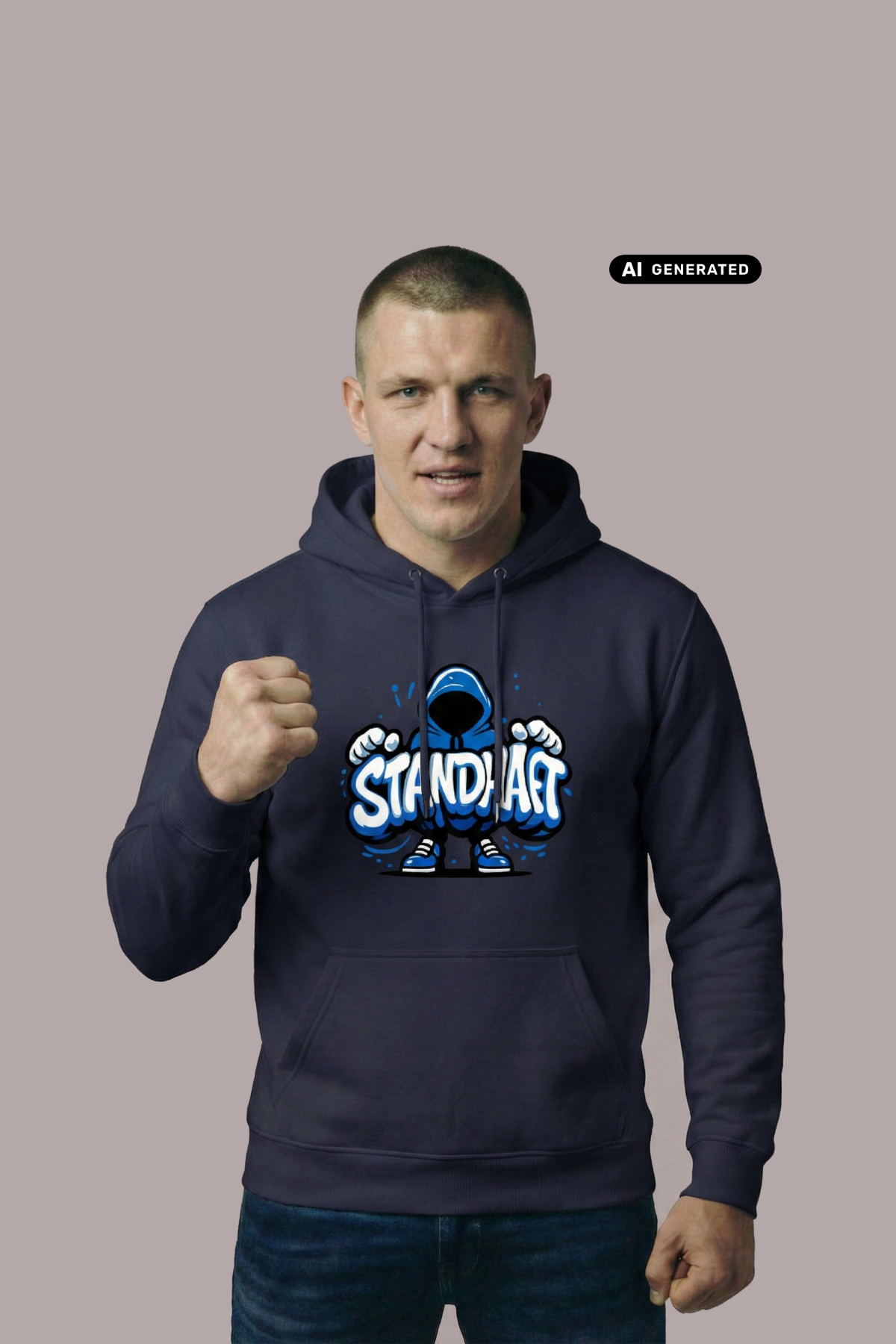 Ein Mann trägt einen dunkelblauen Hoodie mit einem blauen Comic-Grafik-Print und dem Schriftzug „STANDHAFT“.