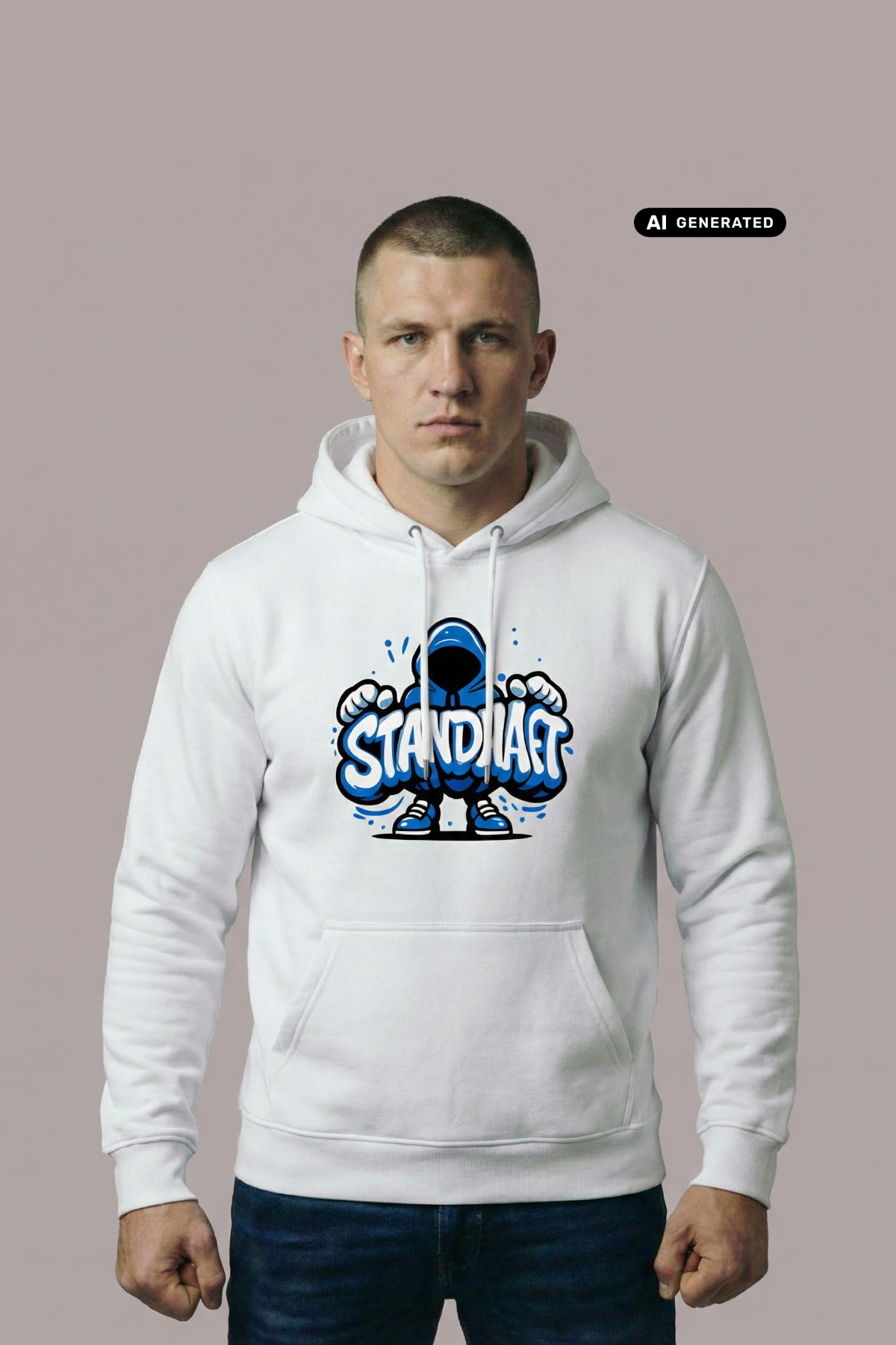 Ein Mann trägt einen weißen Hoodie mit einem blauen Comic-Grafik-Print und dem Schriftzug „STANDHAFT“.