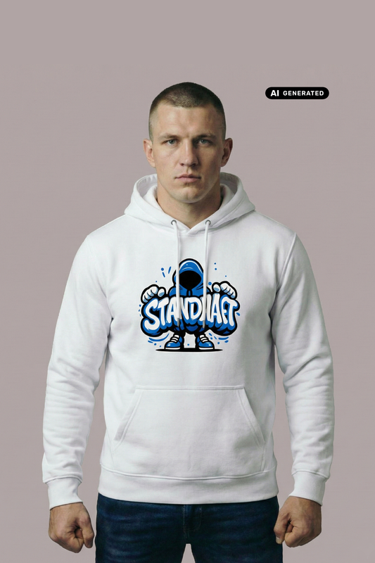 Ein Mann trägt einen weißen Hoodie mit einem blauen Comic-Grafik-Print und dem Schriftzug „STANDHAFT“.