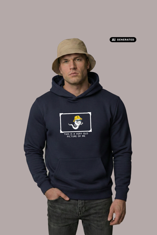 Ein Mann mit beigem Anglerhut trägt einen dunkelblauen Hoodie mit einer Comic-Grafik auf der Brust.