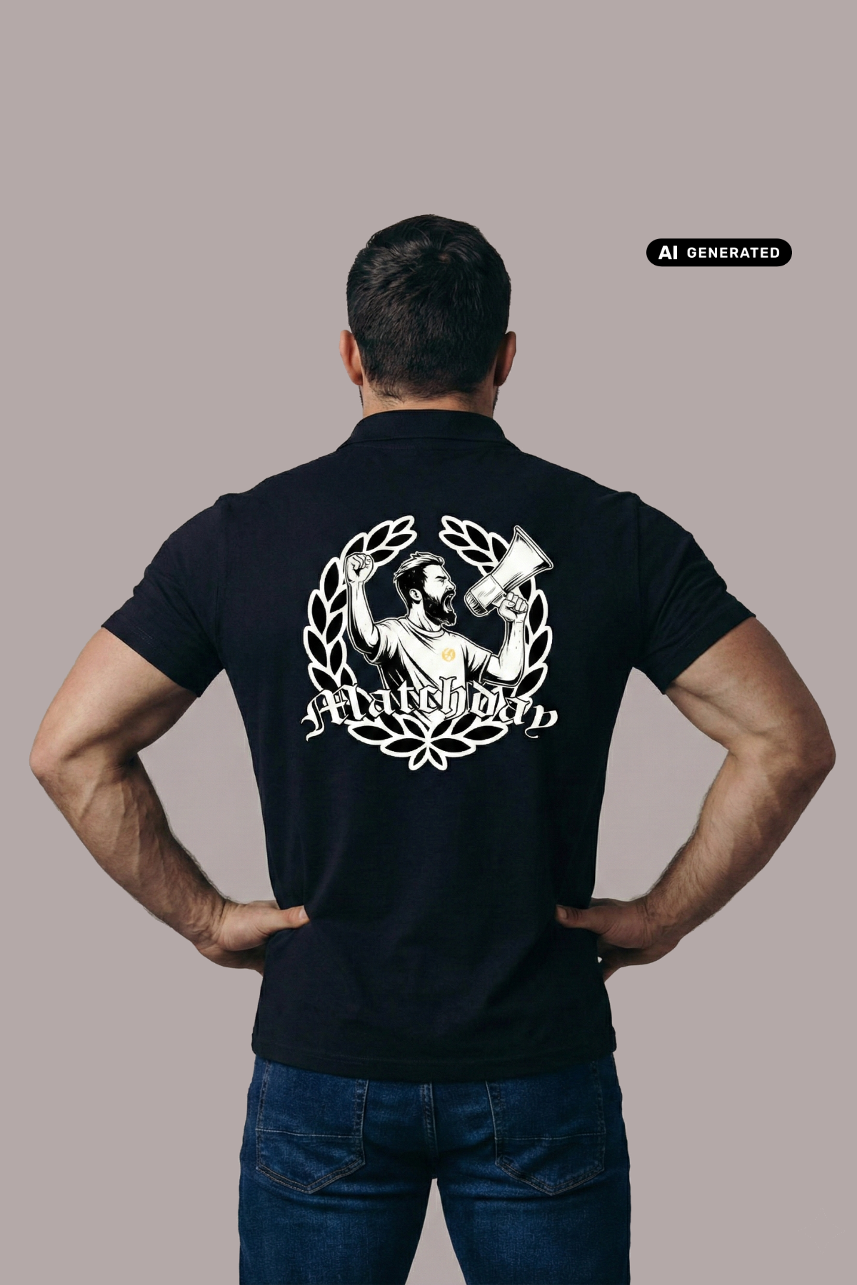 Rückansicht eines Mannes im schwarzen Poloshirt mit großem „Matchday“-Rückenprint, die Hände in die Hüften gestützt.