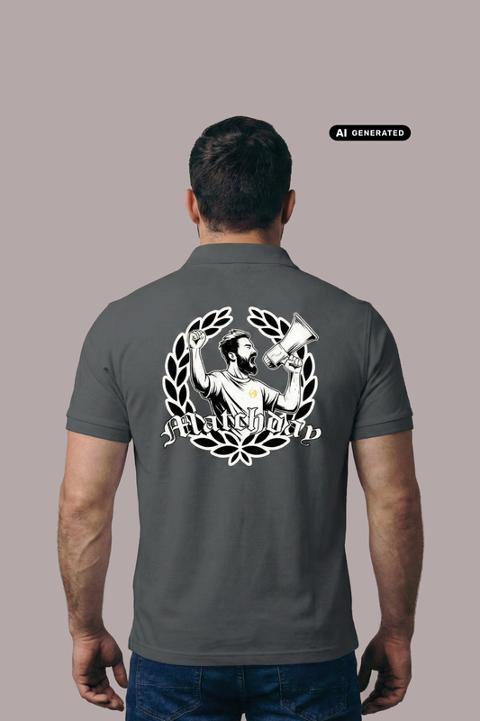 Rückansicht eines Mannes im dunkelgrauen Poloshirt mit großem „Matchday“-Rückenprint und Lorbeerkranz-Motiv.