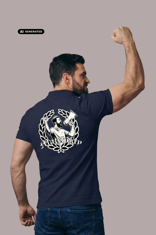 Rückansicht eines Mannes im dunkelblauen Poloshirt mit großem „Matchday“-Rückenprint, der den linken Arm jubelnd anhebt.