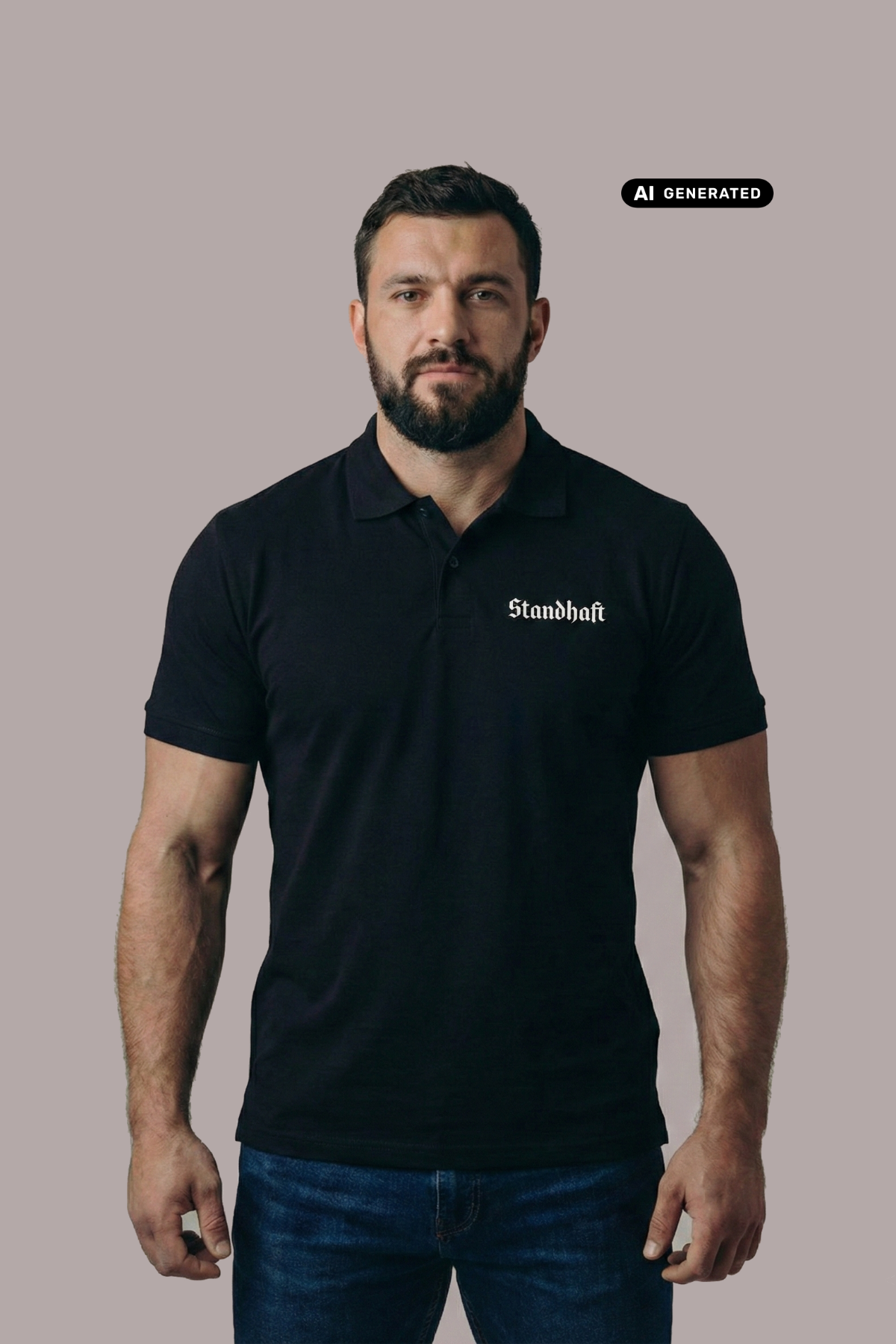 Bärtiger Mann im schwarzen Poloshirt mit weißem Brustaufdruck „Standhaft“, frontaler Blick, dazu Jeans.