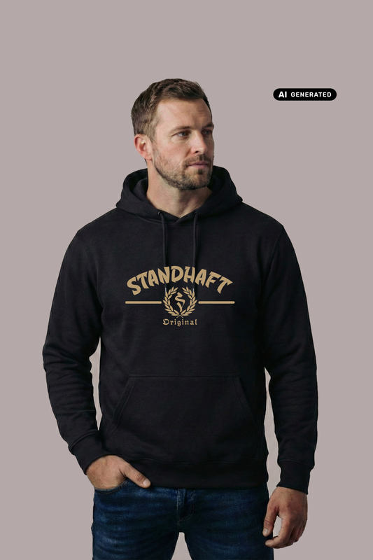 Ein Mann trägt einen schwarzen Hoodie mit goldenem „STANDHAFT“-Schriftzug und Lorbeerkranz-Logo auf der Brust.