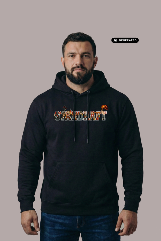 Ein Mann mit Bart trägt einen schwarzen Kapuzenpullover mit bunt gefülltem „STANDHAFT“-Schriftzug auf der Brust.