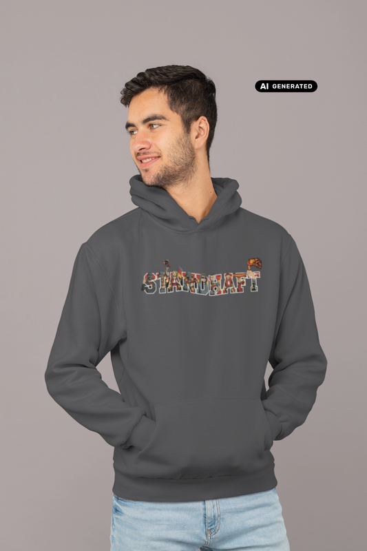Dunkelgrauer Hoodie mit „STANDHAFT“-Schriftzug samt Fankurven-Grafik, getragen von einem lächelnden Mann.