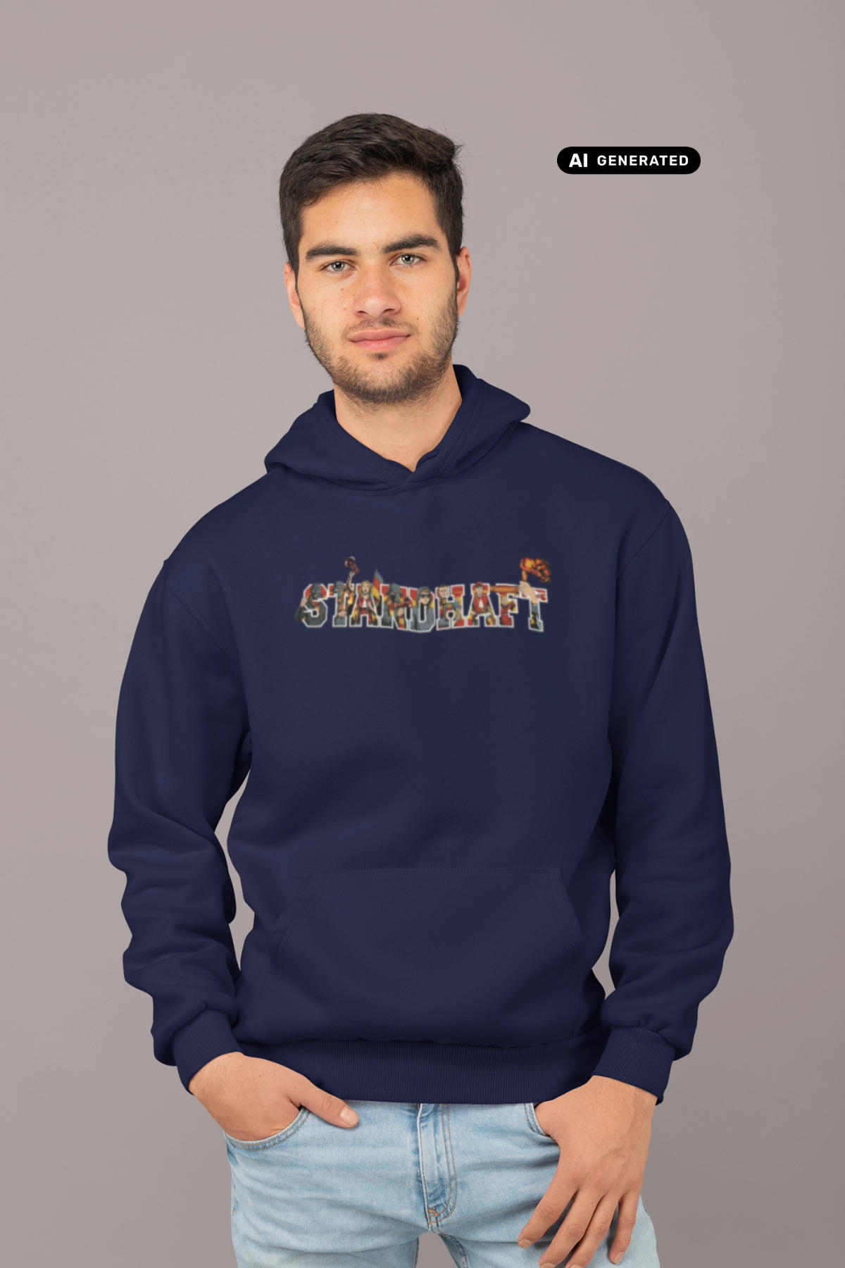 Dunkelblauer Hoodie mit „STANDHAFT“-Schriftzug samt Fankurven-Grafik, getragen von einem Mann mit Blick nach vorn.