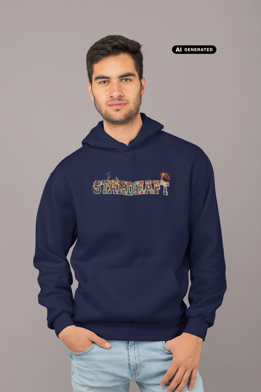 Dunkelblauer Hoodie mit „STANDHAFT“-Schriftzug samt Fankurven-Grafik, getragen von einem Mann mit Blick nach vorn.