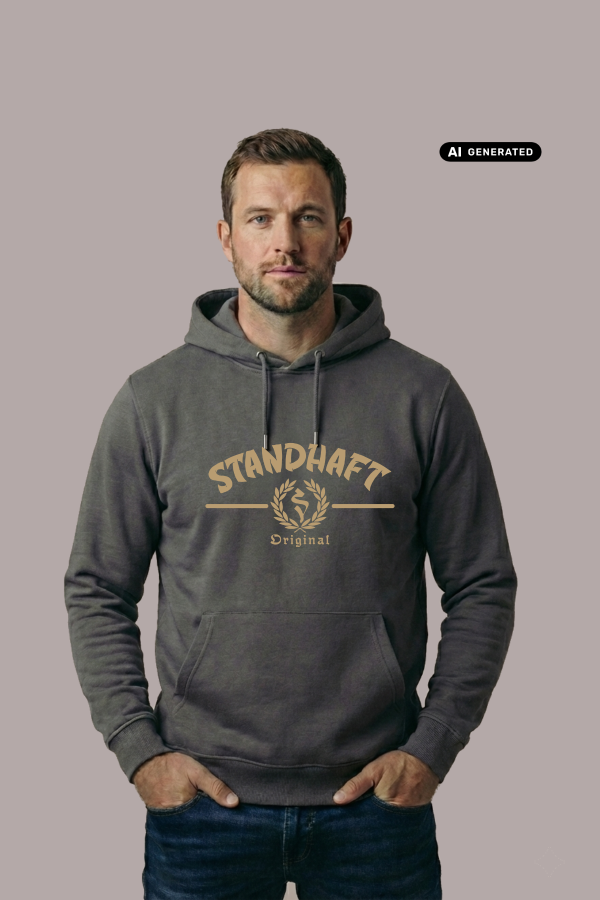 Ein Mann trägt einen dunkelgrauen Hoodie mit goldenem „STANDHAFT“-Schriftzug und Lorbeerkranz-Logo auf der Brust.
