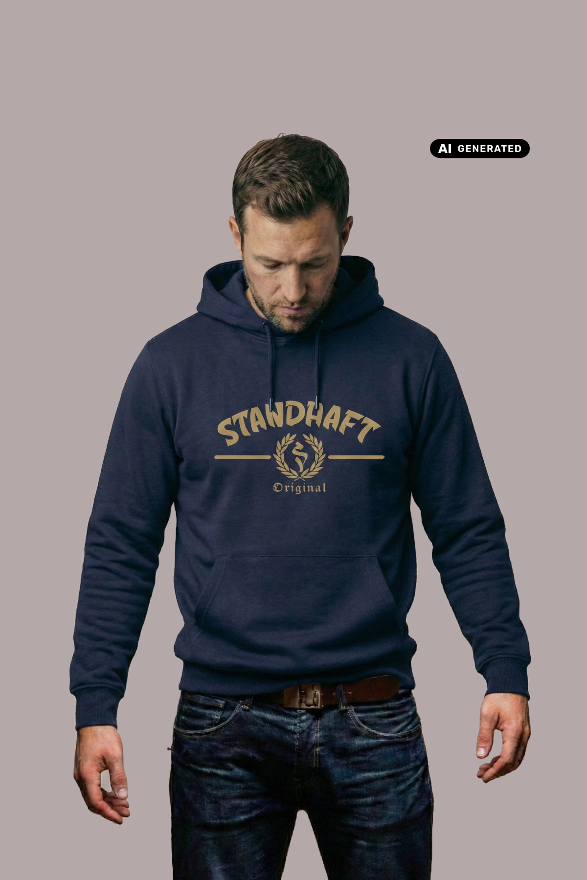 Ein Mann trägt einen dunkelblauen Hoodie mit goldenem „STANDHAFT“-Schriftzug und Lorbeerkranz-Logo auf der Brust.