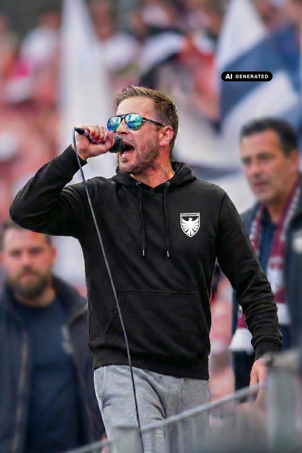 Ein Mann mit Sonnenbrille spricht oder singt in ein Mikrofon im Stadion und trägt einen schwarzen Hoodie mit einem weißen Wappen-Logo samt Adlergrafik und „STANDHAFT“-Schriftzug auf der linken Brust.